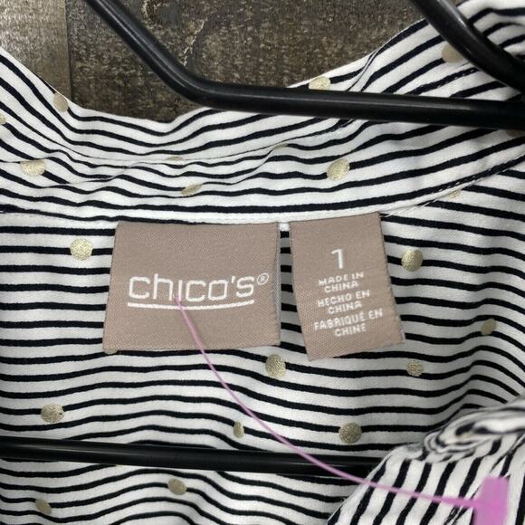 Chico's Women's Striped Polka Dot Button Down Top Shirt Sz 1/M/8 Black White - Picture 5 of 7